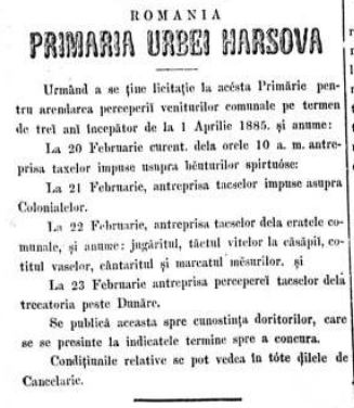anunt licitatie Harsova 1885
