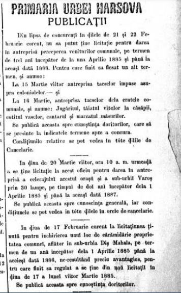 Licitatii si anunturi Harsova in perioada ianuarie 1885 - februarie 1885. 